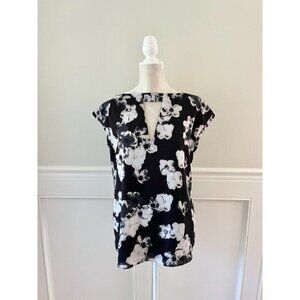 Floral Blouse Cap Sleeve Keyhole Lined L